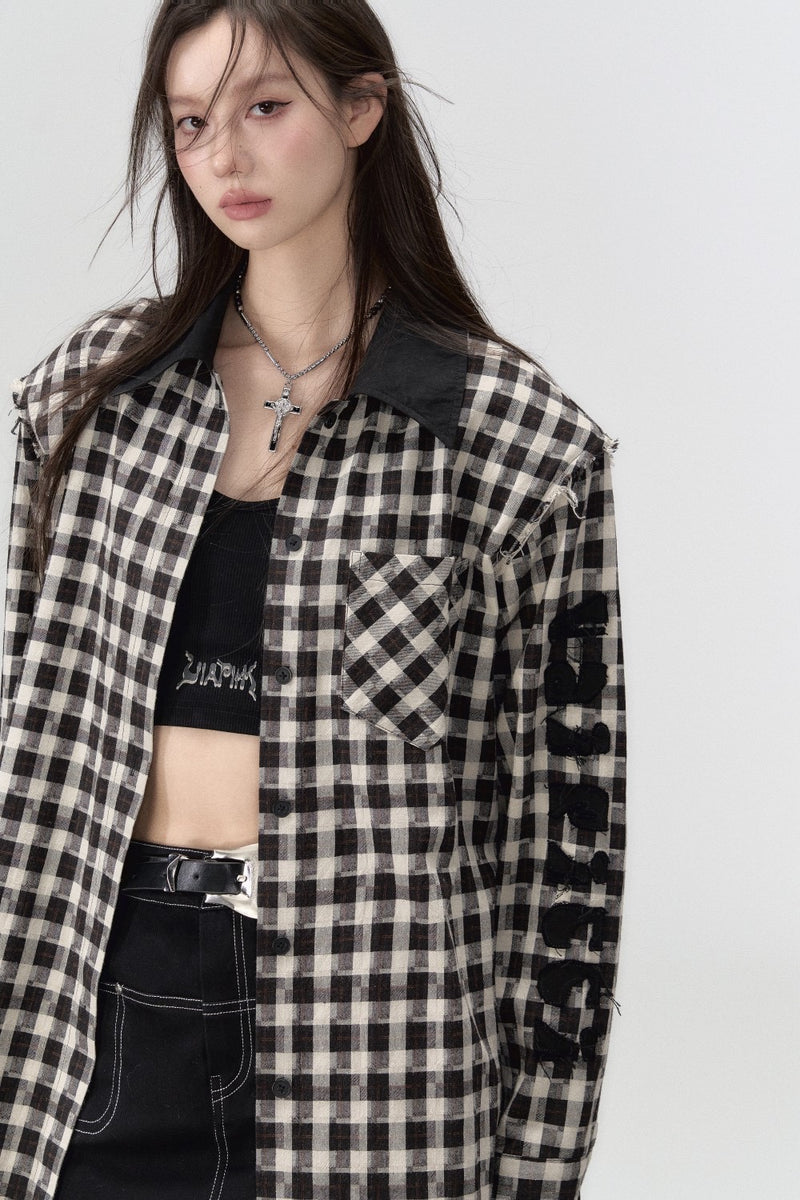 Loose-Fit Patch Embroidered Plaid Shirt