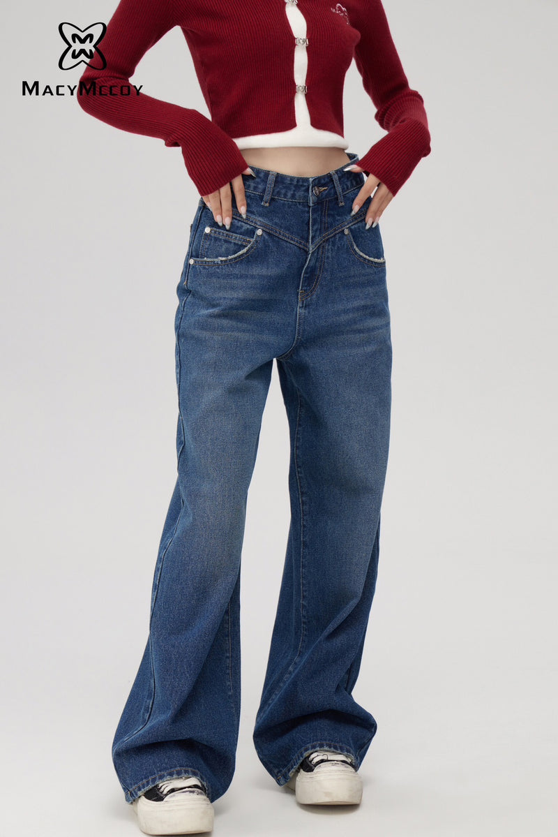 High-waisted denim wide-leg pants