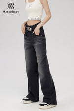 High-waisted denim wide-leg pants