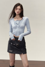 Designer False Two Piece Collarbone Knit Sweater - Blue