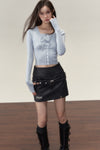 Designer False Two Piece Collarbone Knit Sweater - Blue