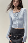 Designer False Two Piece Collarbone Knit Sweater - Blue