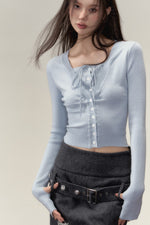 Designer False Two Piece Collarbone Knit Sweater - Blue